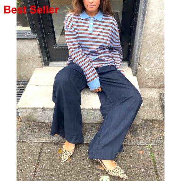 Striped Rugby Polo Knit Sweatshirt Long Sleeve Button Collar Preppy Pullover - Picture 3 of 3